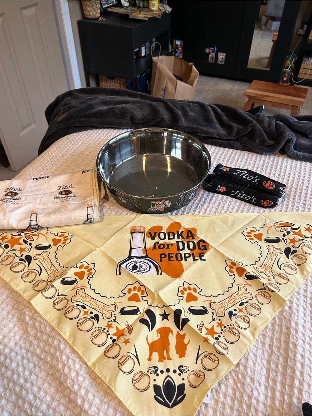 Tito's Yellow 'Vodka for Dog People' Pet Bandana with Stainless Steel Bowl